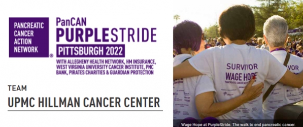 PanCAN PURPLESTRIDE Pittsburgh 2022 logo; image of team members wearing walk t-shirts and embracing